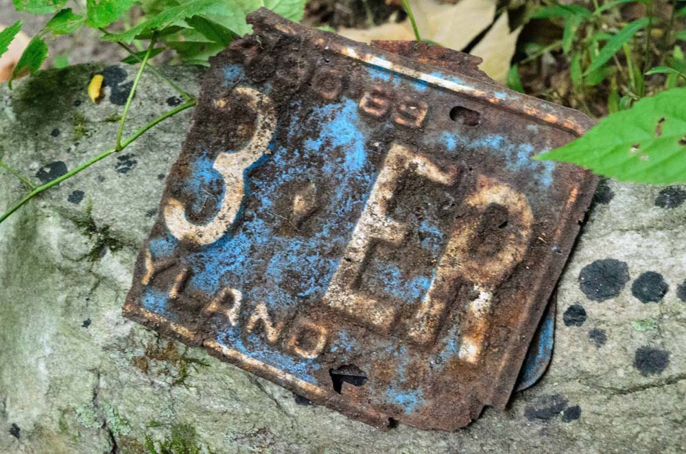 OLd automobile license plate lying on the trail