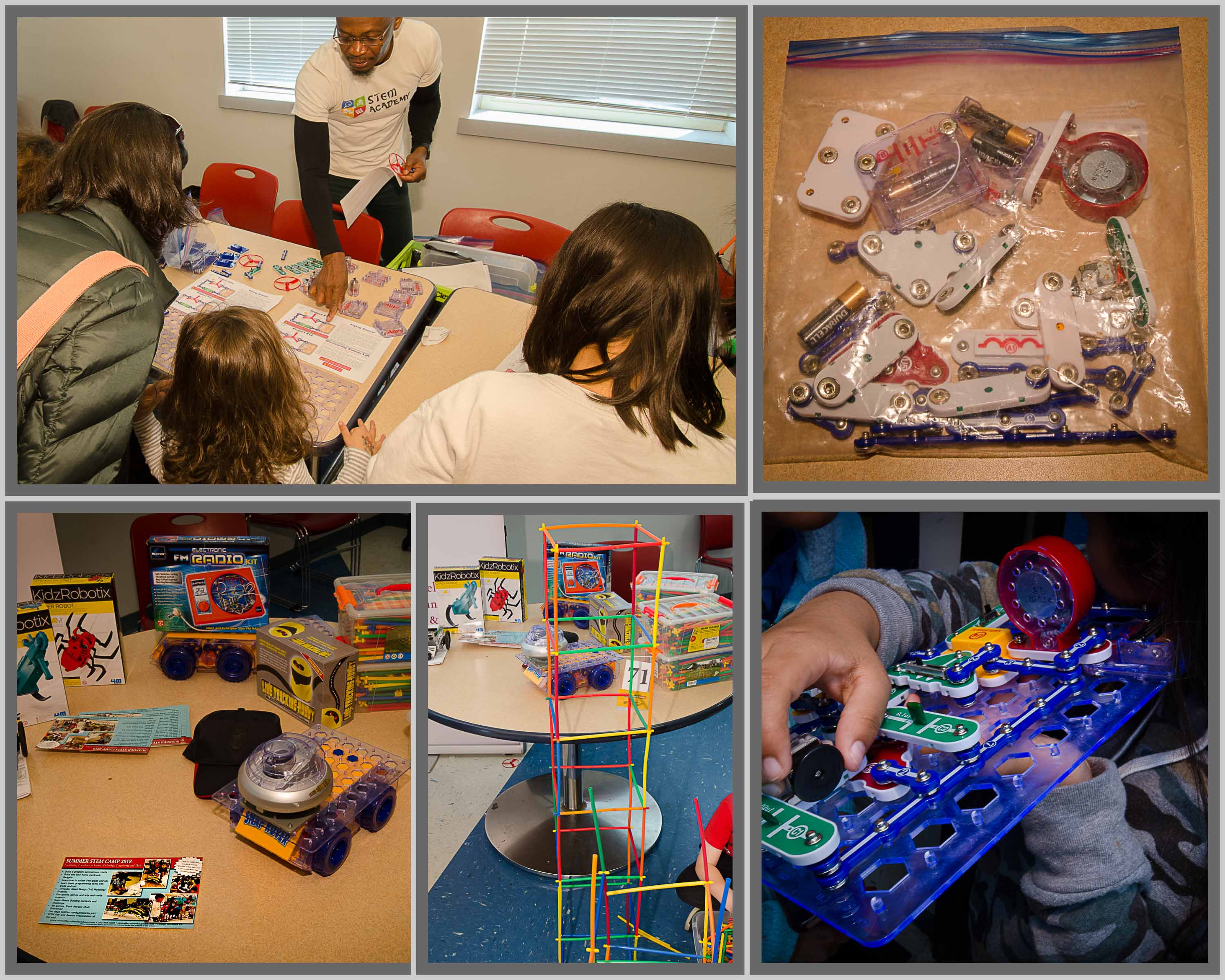 Collage of pictures of kids enjoying building things and table of STEM kits