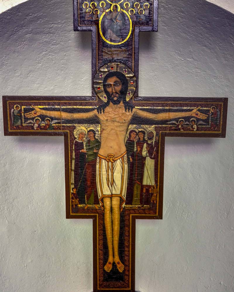 Close-up of Christ on cross in Portiuncula Chapel