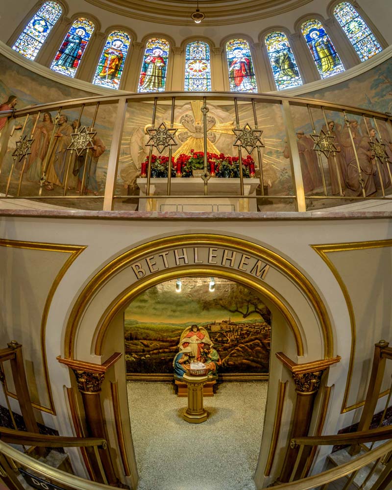 Overview of the Grotto of Bethlehem below the Holy Spirit rise
