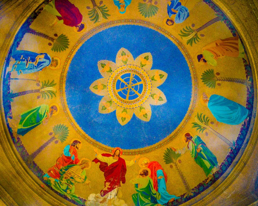 Looking up at the painted ceiling of the very large gazebo in the garden