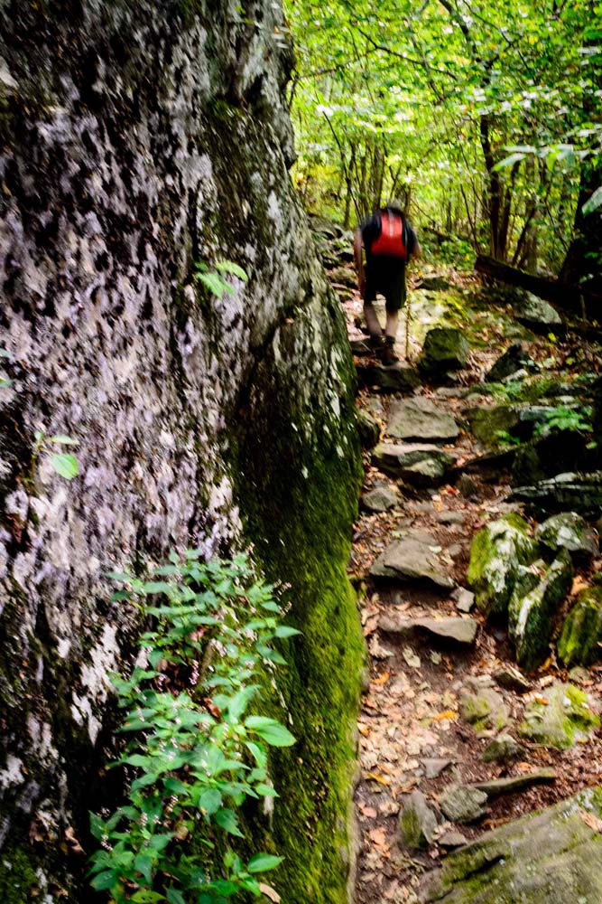 Appalachian Trail turns to go around large rock