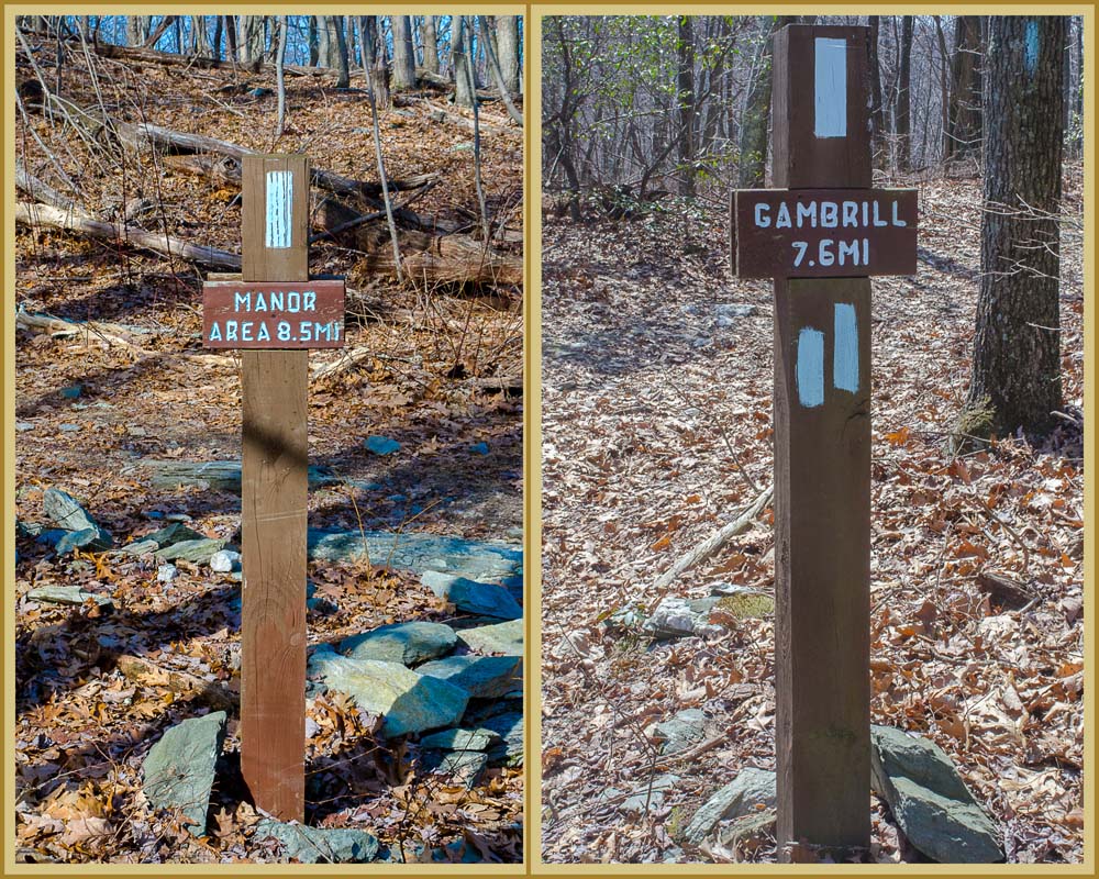 Sign on Catoctin Trail indicating distance to Gambrill and to Manor Area