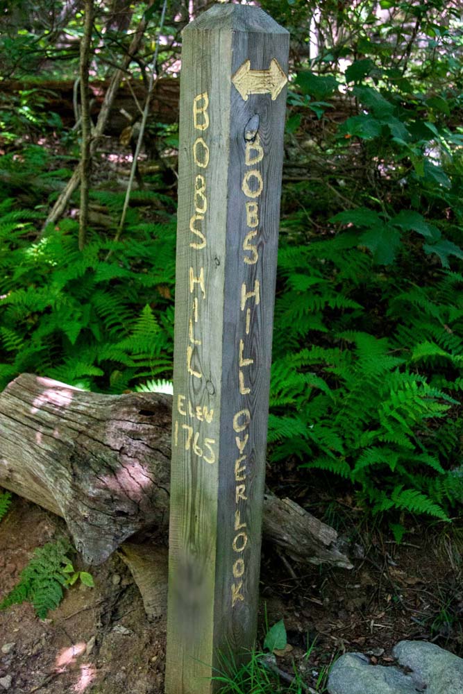 Trail post for Bobs Hill showing elevation 1765