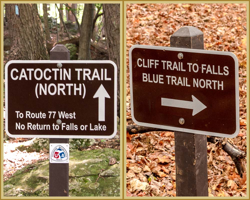 Sign on right points to the falls area, and the sign on the left indicates that you are leaving the Falls Area and going toward Route 77