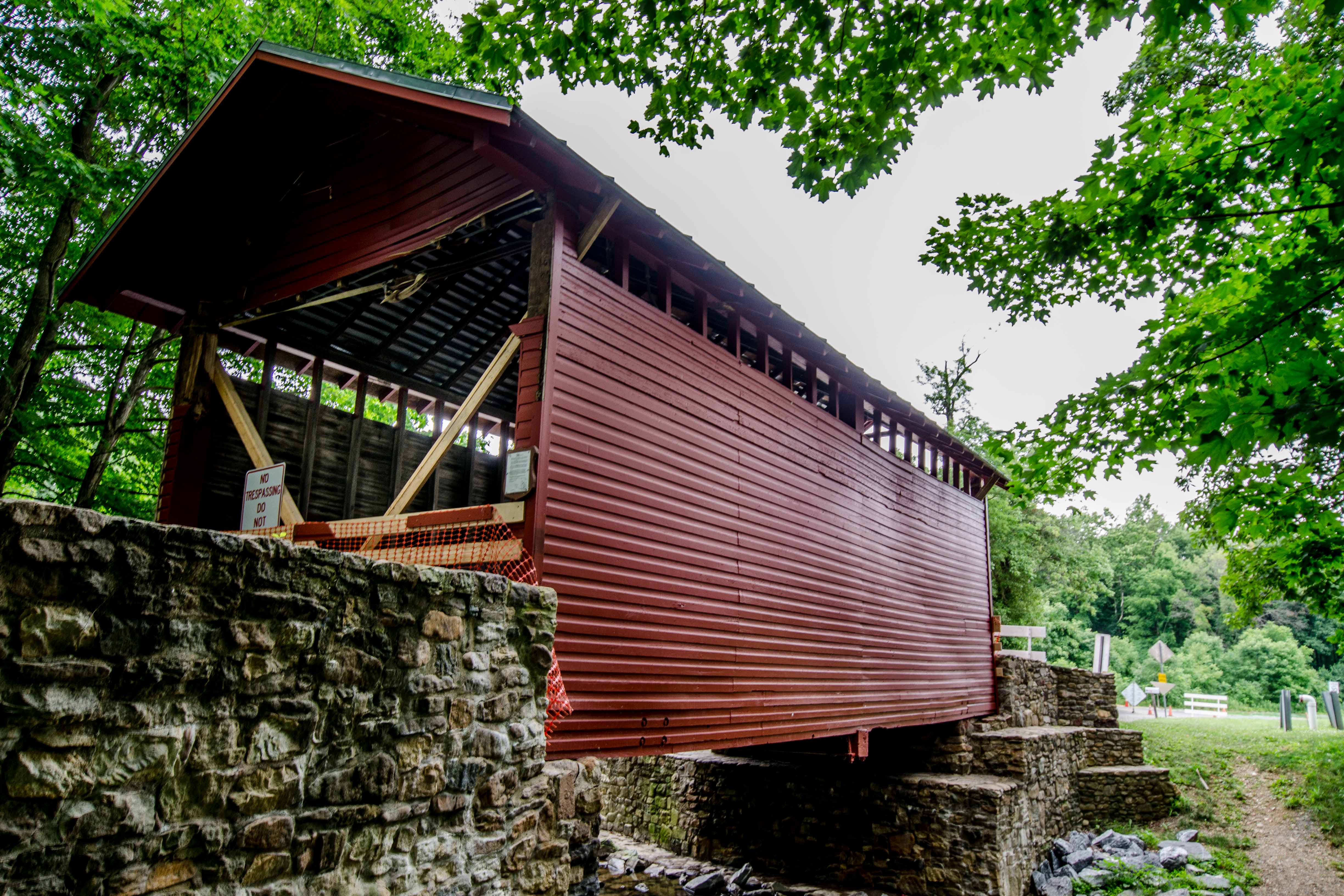 Roddy Road Covered Bridge, painted red, closed due to damage